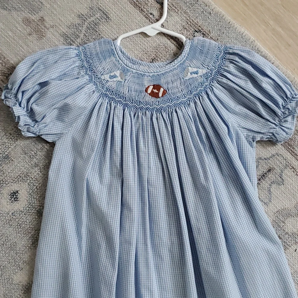 Rosalina Smocked Embroidered Blue Gingham Football Bishop Dress Sz4T